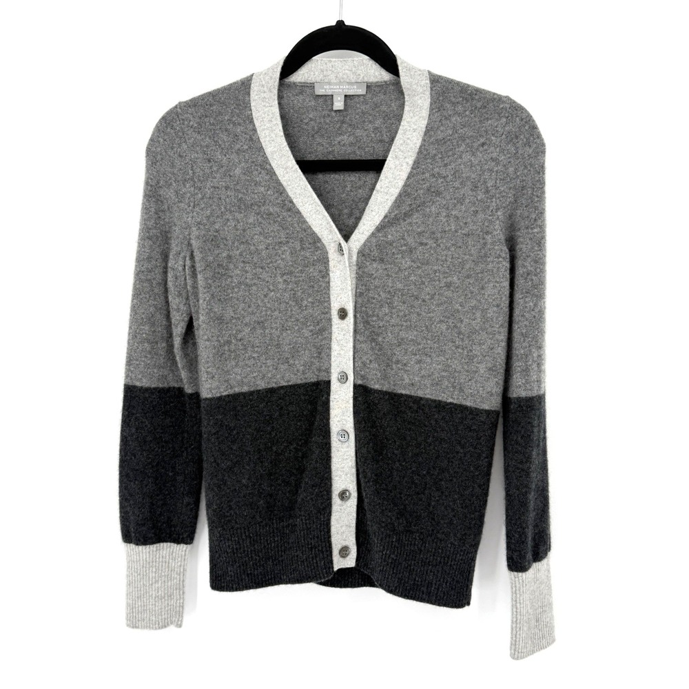 Neiman Marcus Cashmere Cardigan Sweater Grey Black Colorblock Button Front Small